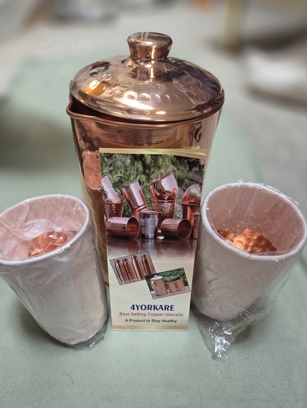 Brand New 4YORKARE Copper Water Pitcher Jug & 2 Tumbler Cup Set
